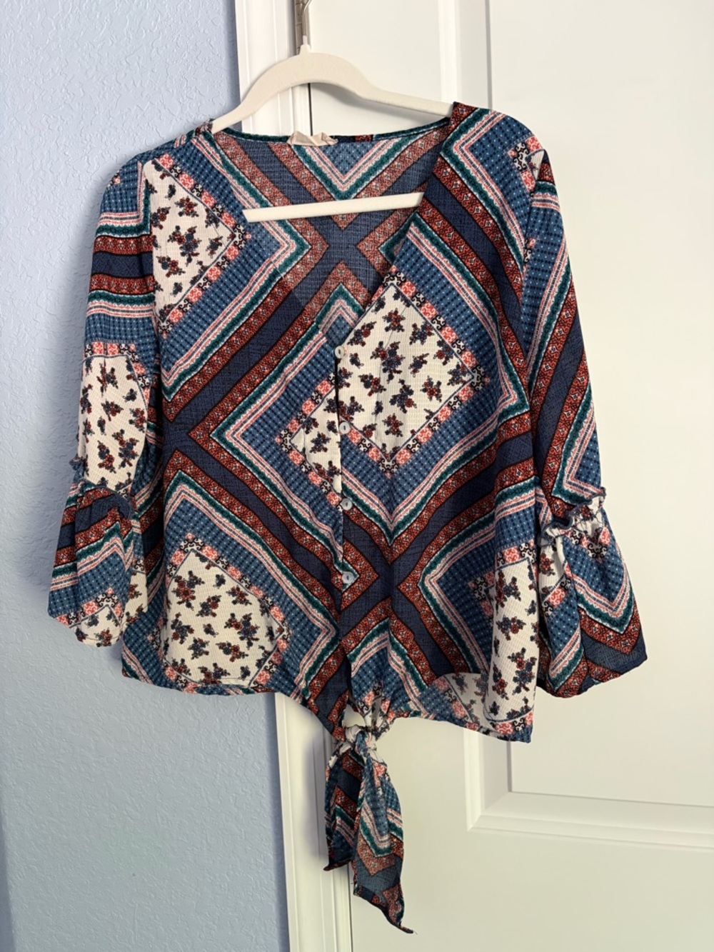 Altar'd State Blue Multi-Print Tie-Front Blouse